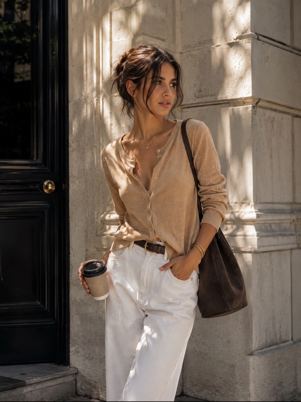 Zara Beige Sheer Knit Cardigan Pearl Button Lightweight Sweater Large Capsule